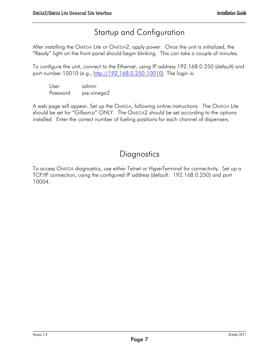 Startup and configuration, Diagnostics | Progressive International Electronics Omega2 User Manual | Page 11 / 16