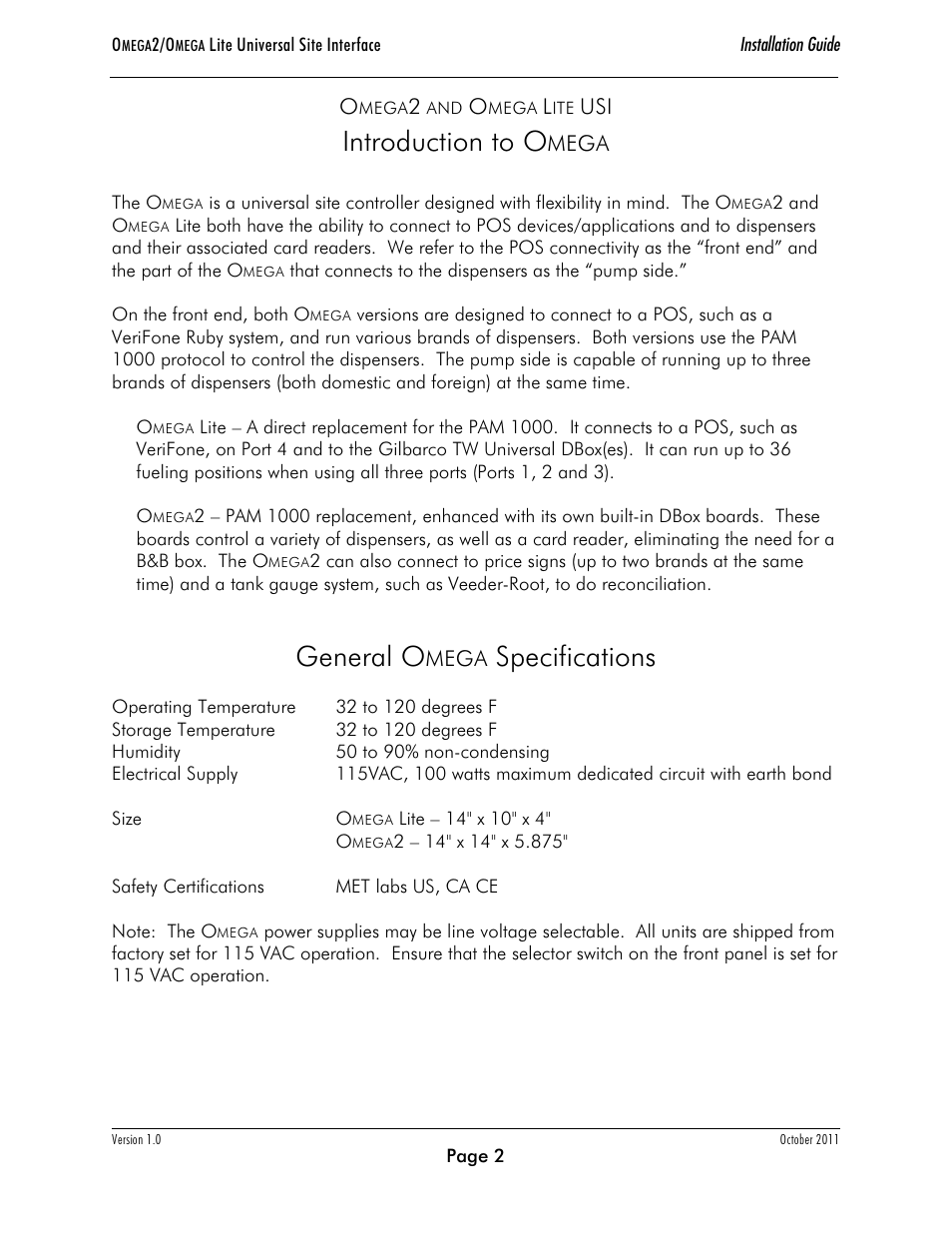 Introduction to o, General o, Specifications | Progressive International Electronics Omega2 User Manual | Page 6 / 16