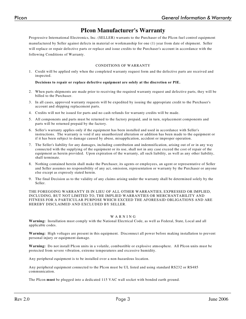 Picon manufacturer's warranty | Progressive International Electronics PIcon Console User Manual | Page 7 / 37