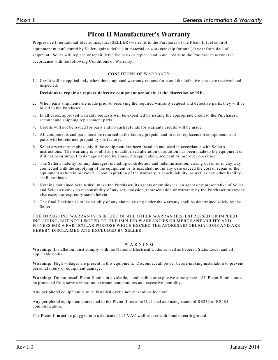 Picon ii manufacturer's warranty | Progressive International Electronics PIcon II Console User Manual | Page 8 / 44