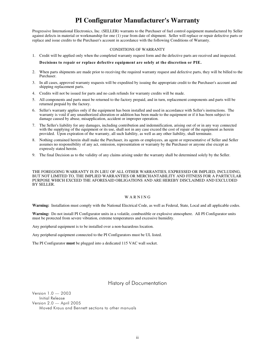 Pi configurator manufacturer's warranty, History of documentation | Progressive International Electronics Configurator User Manual | Page 2 / 10