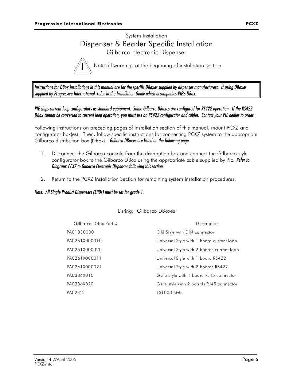 Dispenser & reader specific installation, Gilbarco electronic dispenser | Progressive International Electronics PCXZ User Manual | Page 14 / 55