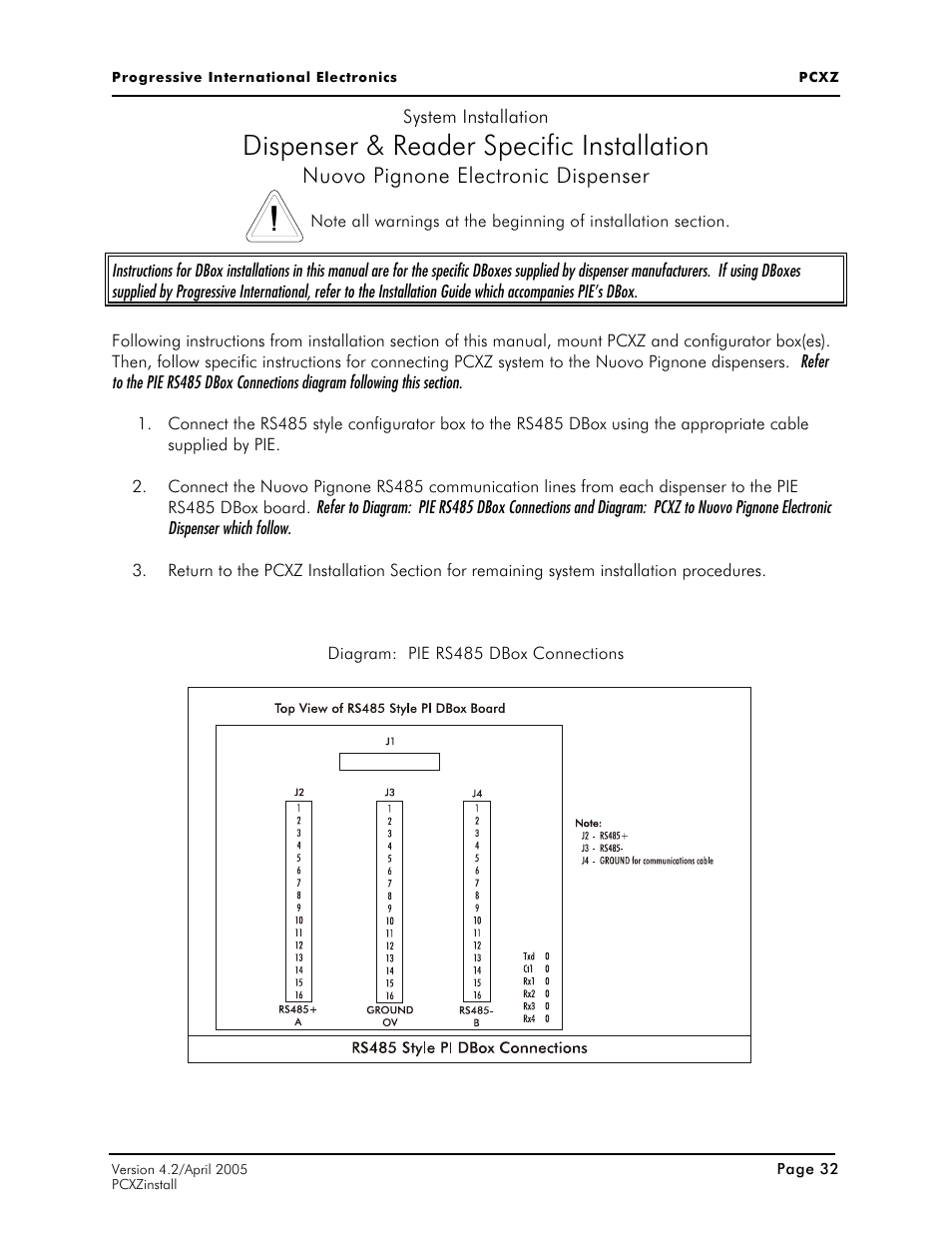Dispenser & reader specific installation, Nuovo pignone electronic dispenser | Progressive International Electronics PCXZ User Manual | Page 40 / 55