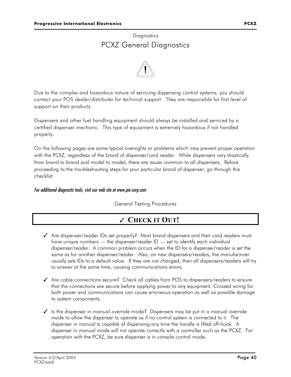 Pcxz general diagnostics | Progressive International Electronics PCXZ User Manual | Page 48 / 55