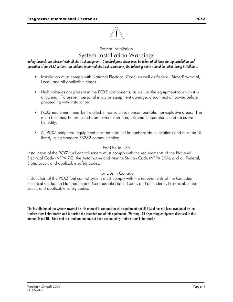 System installation warnings | Progressive International Electronics PCXZ User Manual | Page 9 / 55