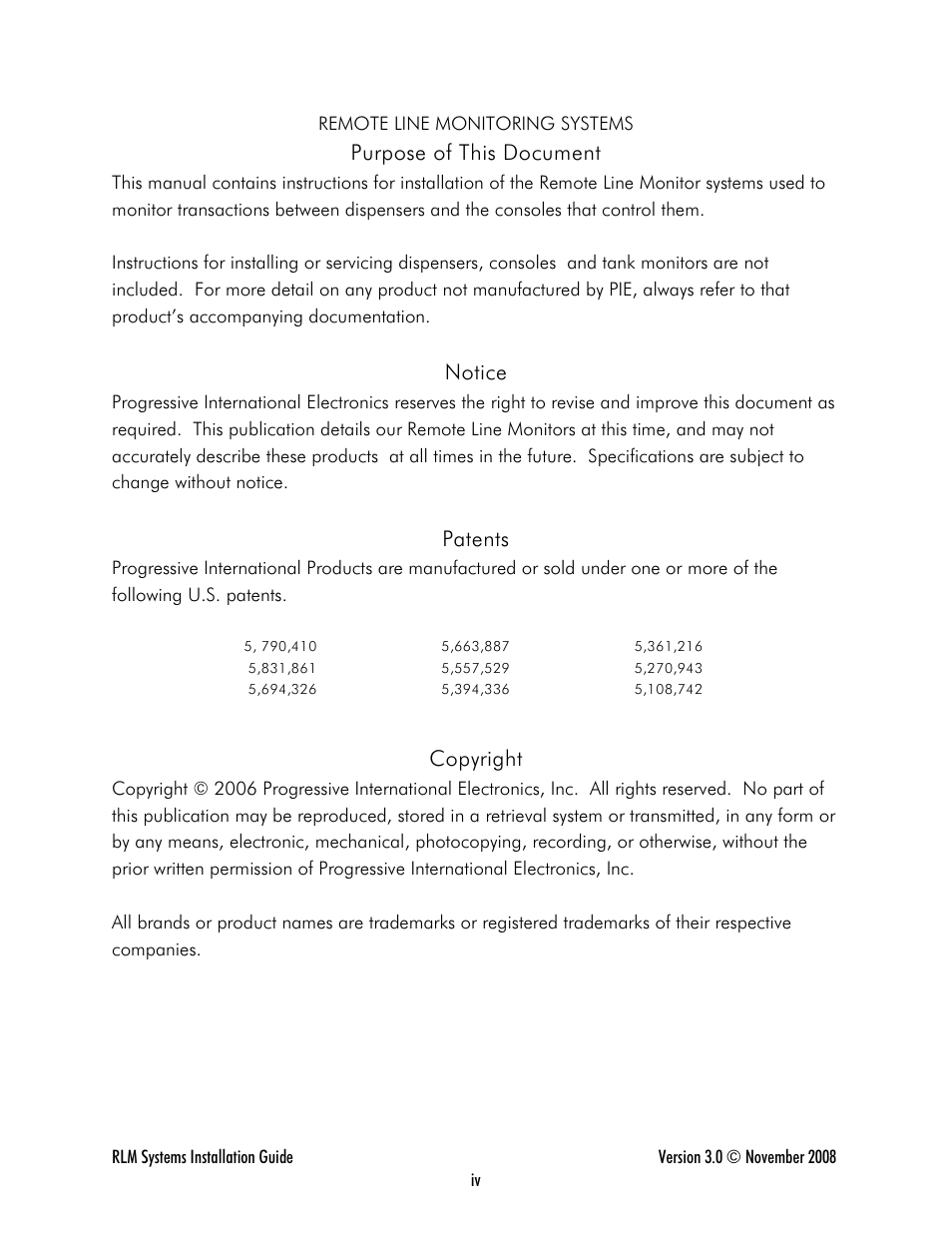 Purpose of this document, Notice, Patents | Copyright | Progressive International Electronics RLM 2 User Manual | Page 4 / 42