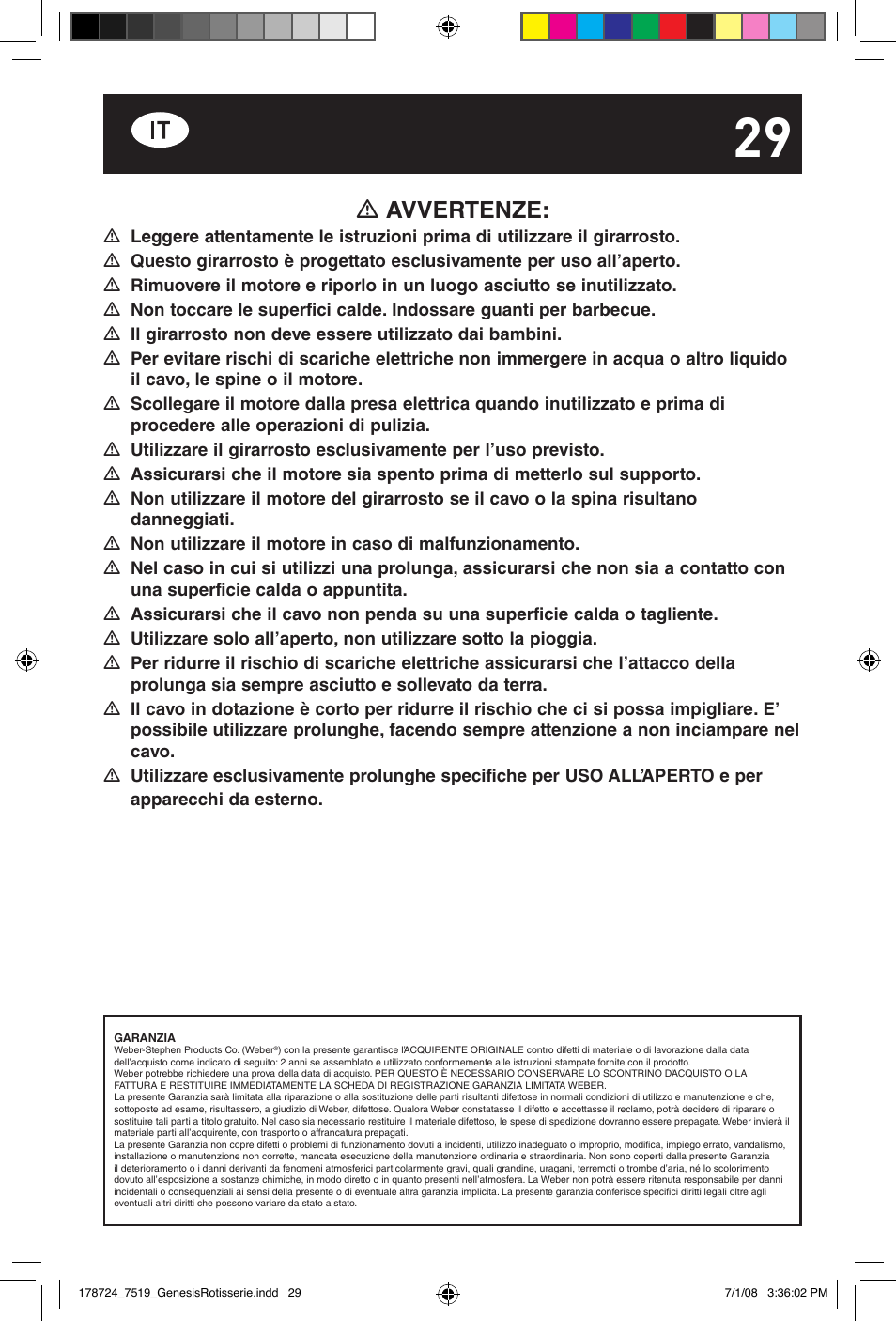 Avvertenze | weber Drehspie? Genesis User Manual | Page 29 / 40