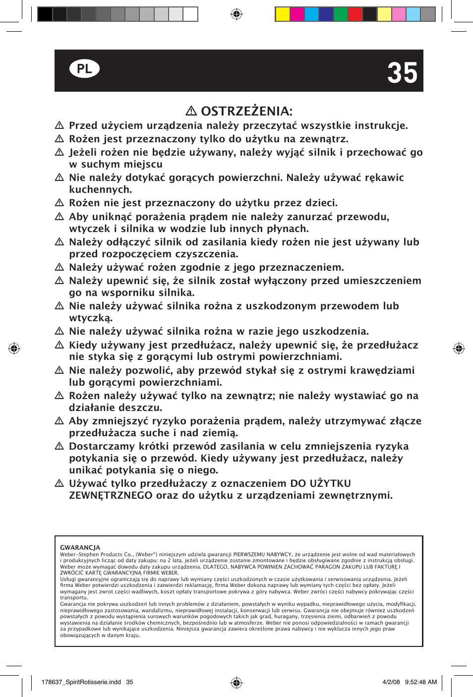 Ostrzeżenia | weber Drehspie? Spirit User Manual | Page 35 / 40