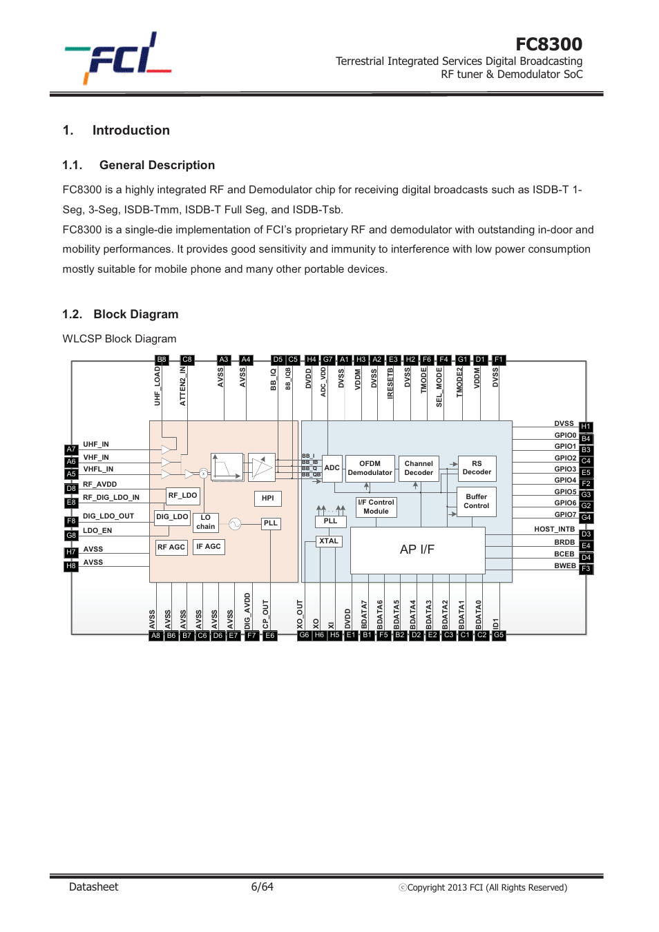 Fc8300, Introduction, Ap i/f | General description, Block diagram, Gg g, Datasheet 6/64, Wlcsp block diagram | Silicon Motion FC8300 User Manual | Page 6 / 8