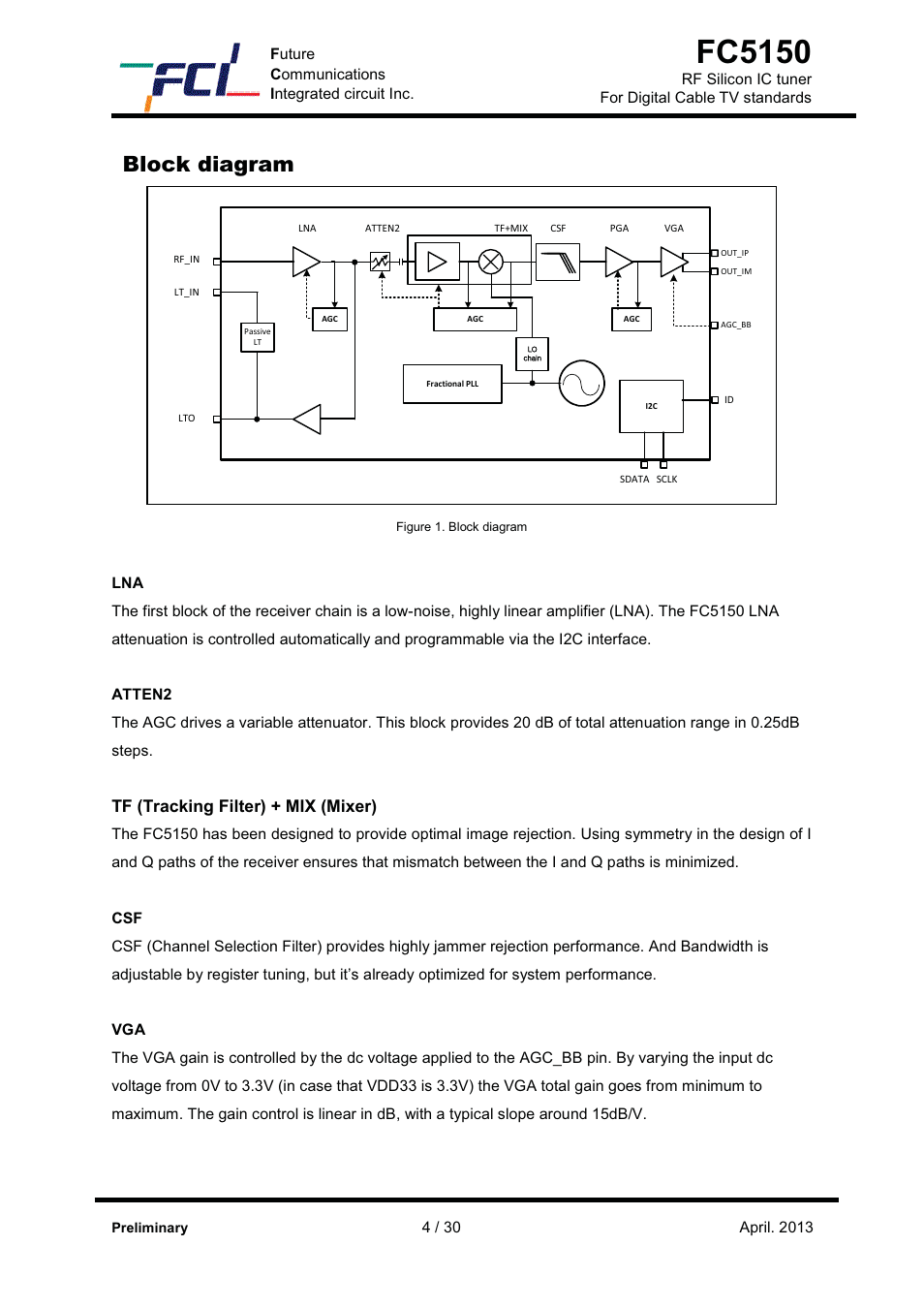 Fc5150, Block diagram, Tf (tracking filter) + mix (mixer) | Silicon Motion FC5150 User Manual | Page 4 / 5