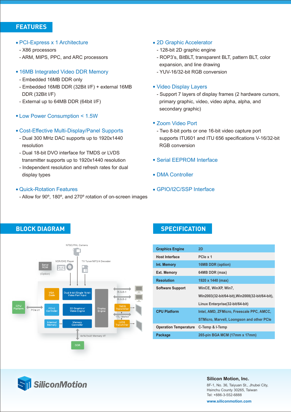 Block diagram specification, Features | Silicon Motion SM750 User Manual | Page 2 / 2