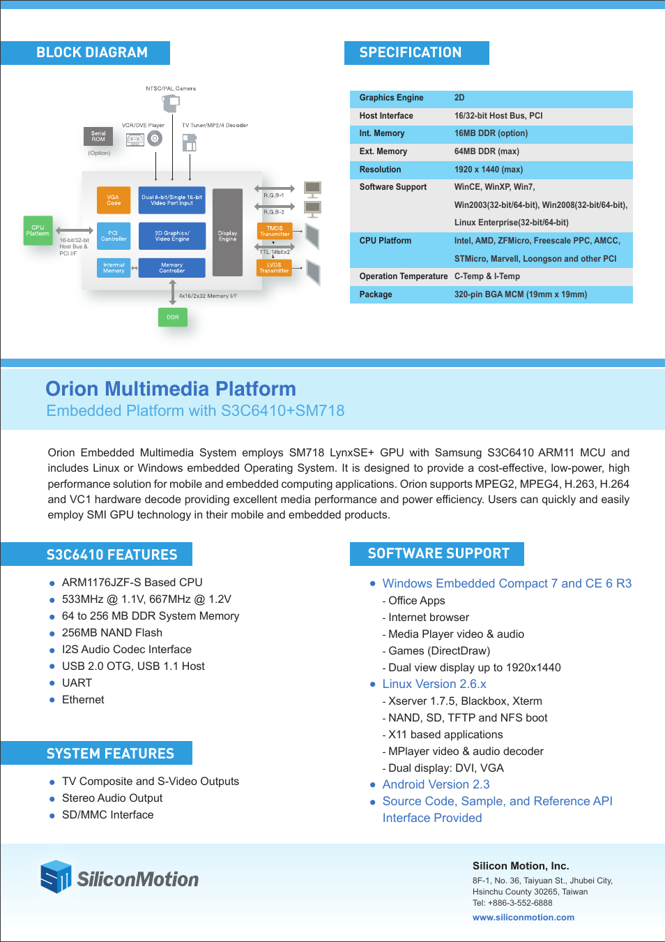 Orion multimedia platform, Specification software support, System features | Block diagram | Silicon Motion SM718 User Manual | Page 2 / 2