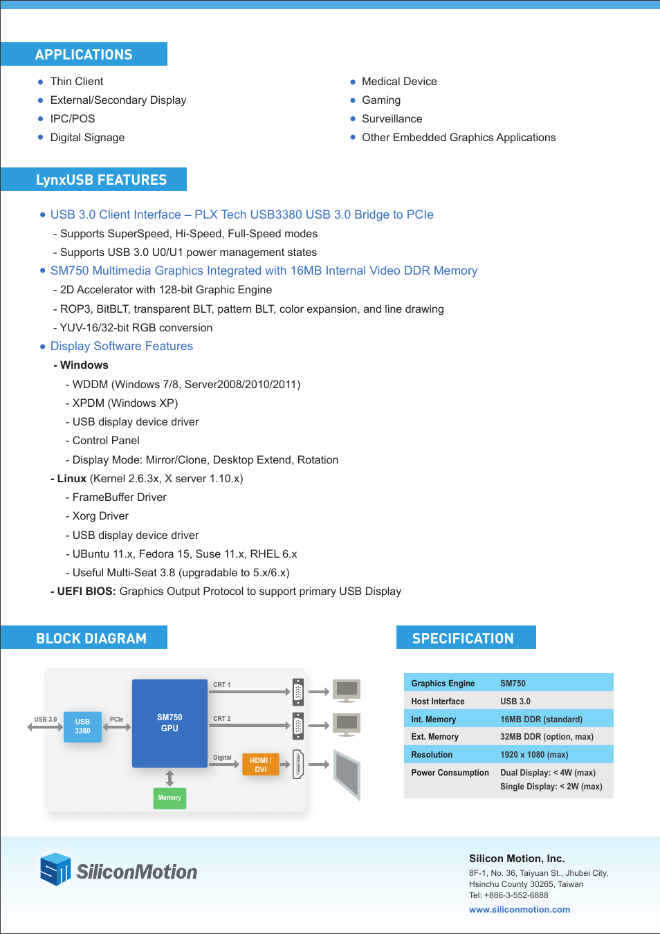 Block diagram specification, Lynxusb features, Applications | Silicon Motion LynxUSB User Manual | Page 2 / 2