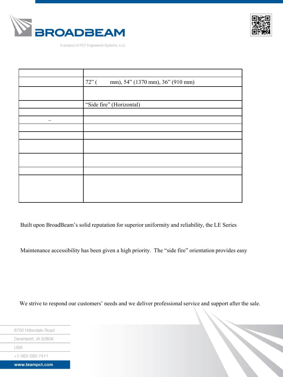 Le series specifications, Dependable operation, The teampct extra | PCT Engineered BroadBeam LE Series User Manual | Page 2 / 2