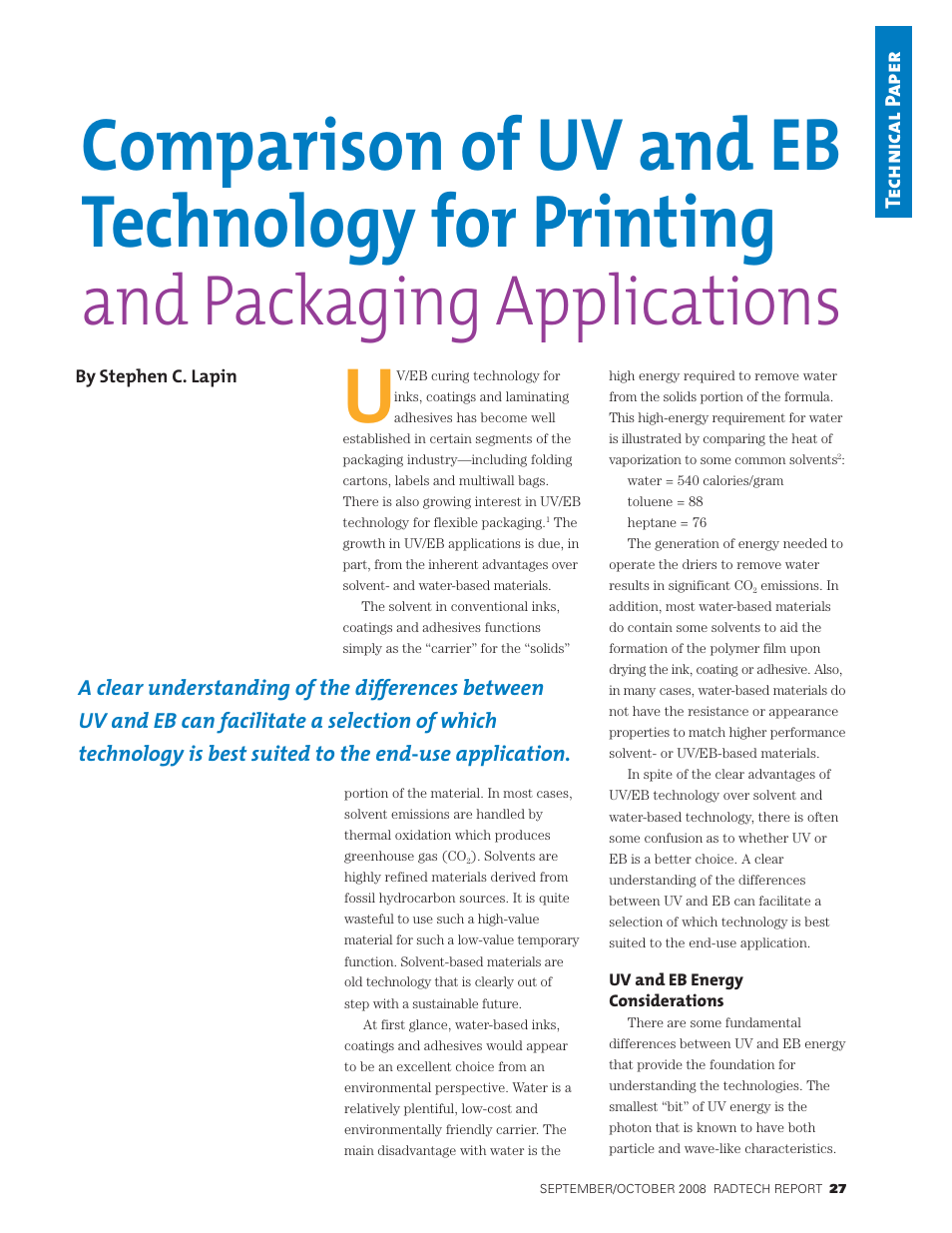 PCT Engineered Comparison of UV and EB Technology for Printing and Packaging Applications User Manual | 9 pages