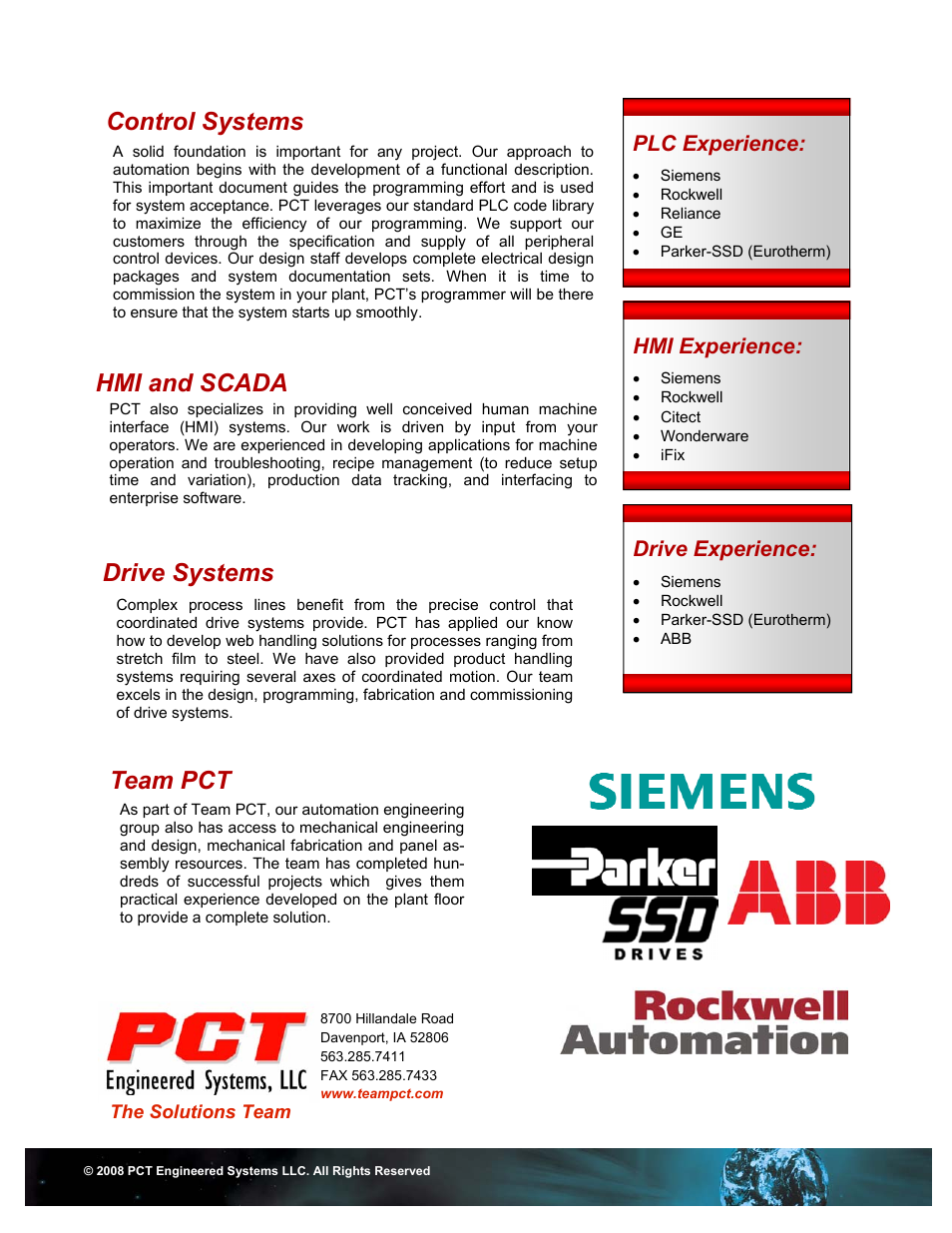 Control systems, Hmi and scada drive systems team pct, Drive experience | Hmi experience, Plc experience | PCT Engineered Automation Engineering Services User Manual | Page 2 / 2