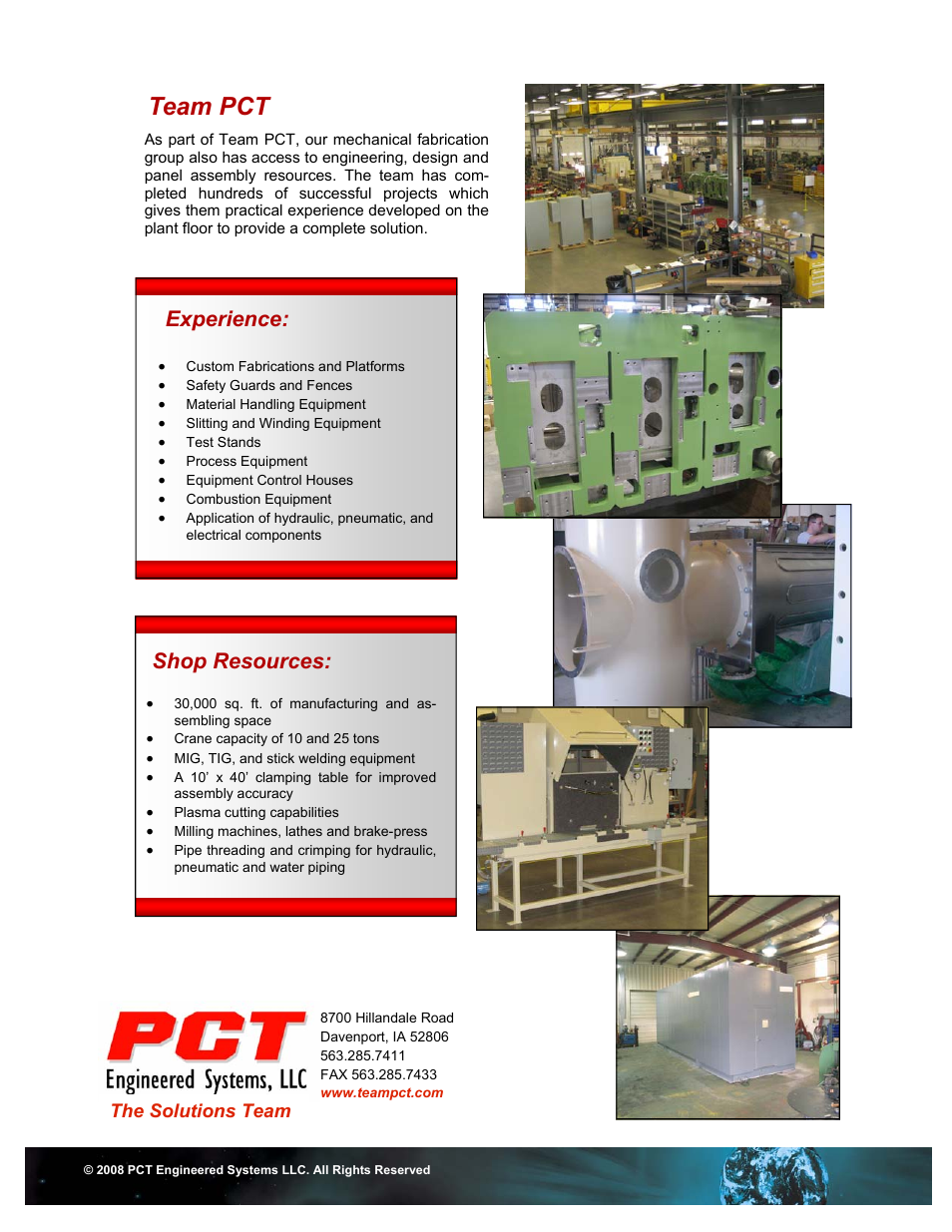 Team pct, Shop resources, Experience | PCT Engineered Mechanical Fabrication Services User Manual | Page 2 / 2