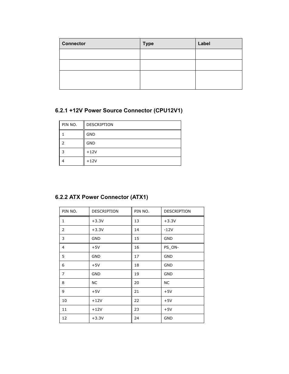 1 +12v power source connector (cpu12v1), 2 atx power connector (atx1), Table 6-1: peripheral interface connectors | Table 6-3: atx power connector (atx1) pinouts | Maple Systems PC419C User Manual | Page 111 / 133