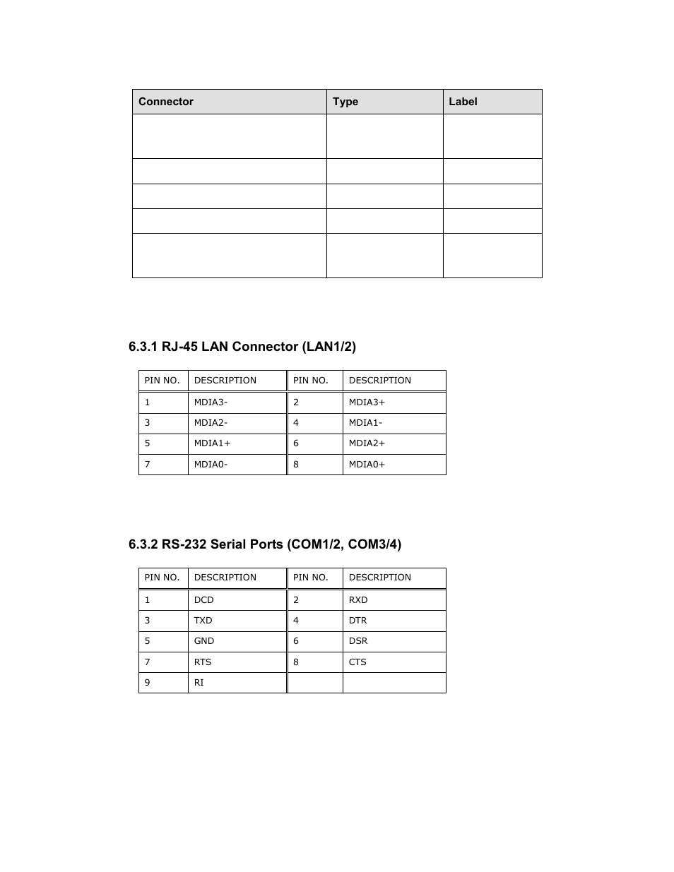 1 rj-45 lan connector (lan1/2), 2 rs-232 serial ports (com1/2, com3/4), Table 6-23: rear panel connectors | Table 6-24: rj-45 lan connector pinouts, Table 6-25: rs-232 serial port pinouts | Maple Systems PC419C User Manual | Page 120 / 133