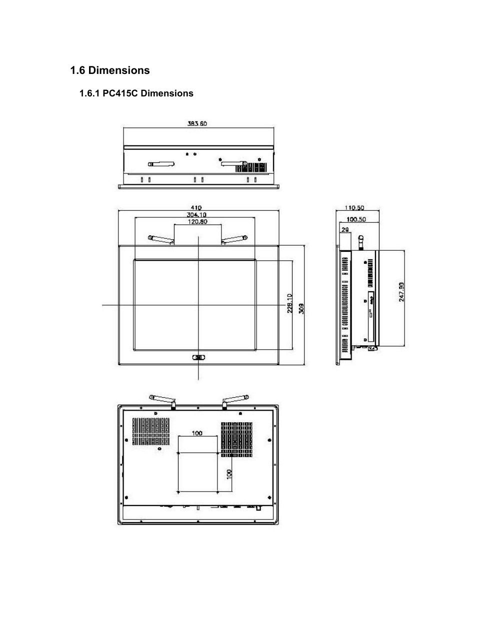 Imensions, 1 pc415c dimensions, Figure 1-10: pc415c dimensions (mm) | Maple Systems PC419C User Manual | Page 22 / 133
