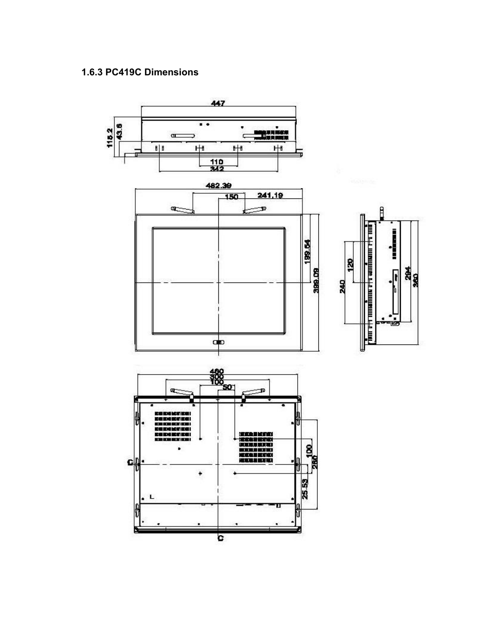 3 pc419c dimensions, Figure 1-12: pc419c dimensions (mm) | Maple Systems PC419C User Manual | Page 24 / 133