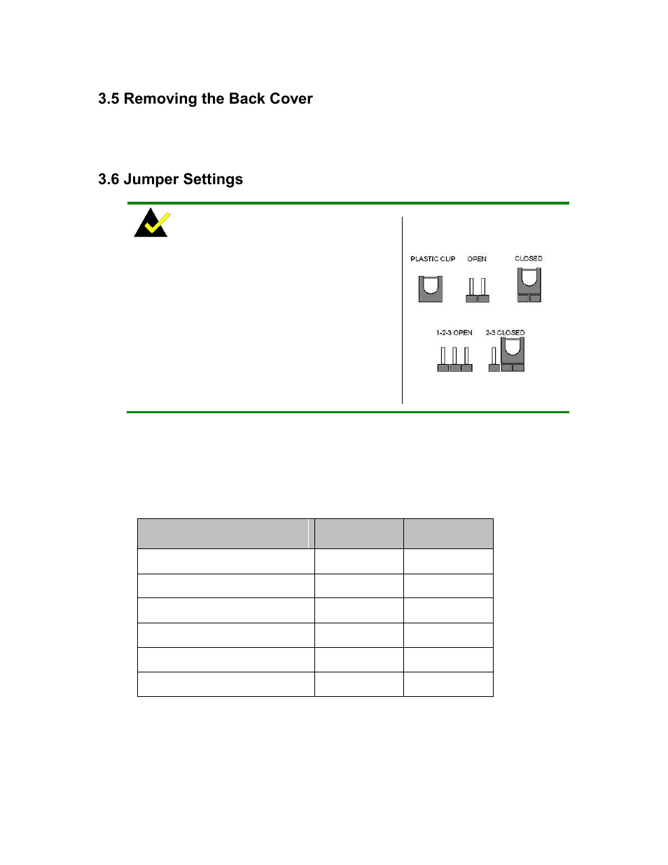 Emoving the, Over, Umper | Ettings, Table 3-1: jumpers, 5 removing the back cover, 6 jumper settings | Maple Systems PC419C User Manual | Page 34 / 133