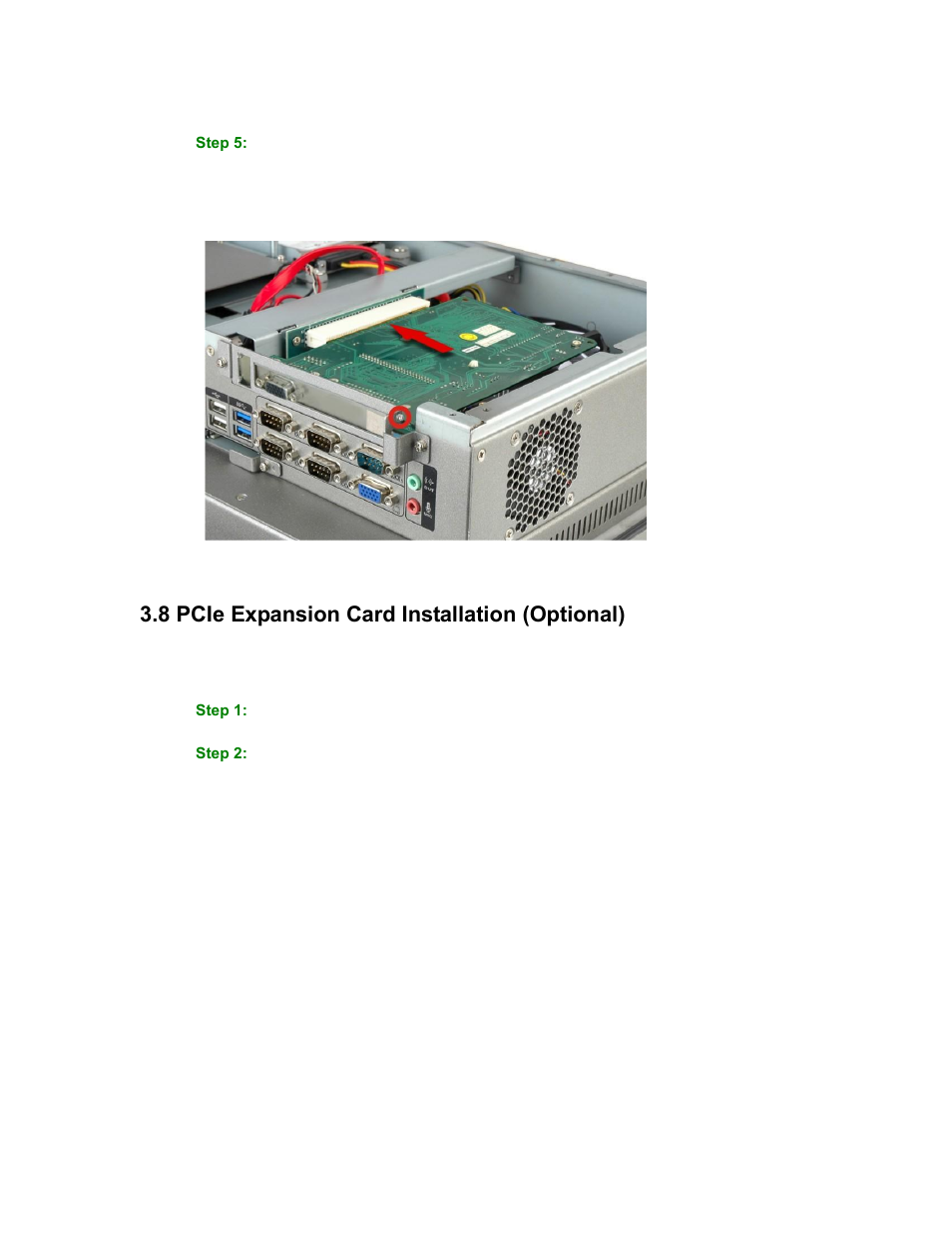 Xpansion, Nstallation, Ptional | Figure 3-6: installing the pci card, 8 pcie expansion card installation (optional) | Maple Systems PC419C User Manual | Page 40 / 133