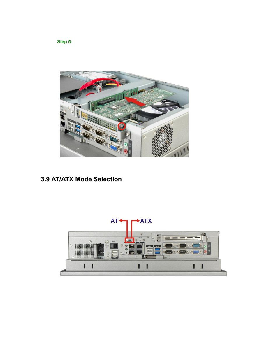 At/atx, Election, Figure 3-9: installing the pcie card | Figure 3-10: at/atx mode selection, 9 at/atx mode selection | Maple Systems PC419C User Manual | Page 42 / 133