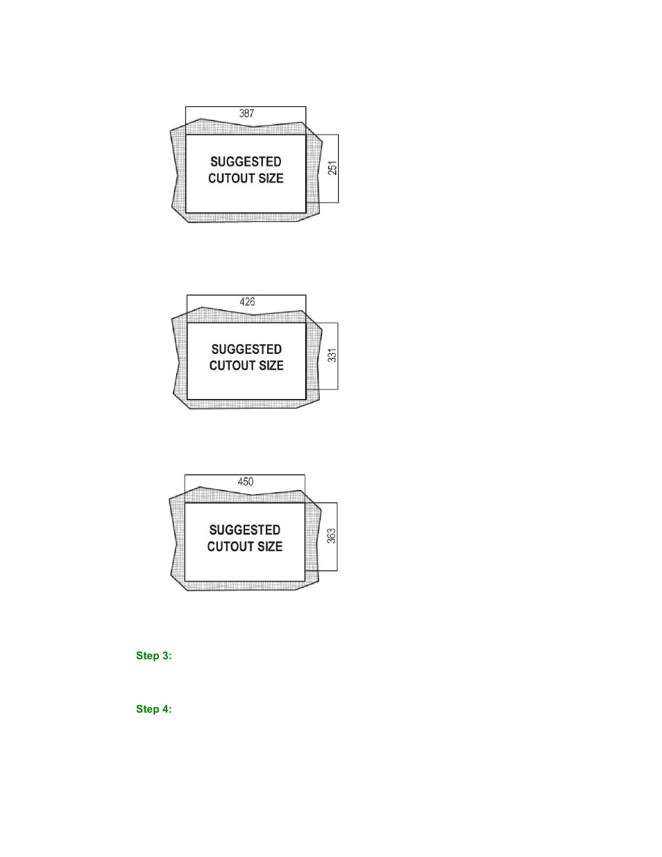 Figure 3-14: pc415c panel cutout dimensions, Figure 3-15: pc417c panel cutout dimensions, Figure 3-16: pc419c panel cutout dimensions | 565h, Figure 3-13, 5 66h, Figure 3-14 and, 5 67h, Figure 3-15 ) | Maple Systems PC419C User Manual | Page 47 / 133