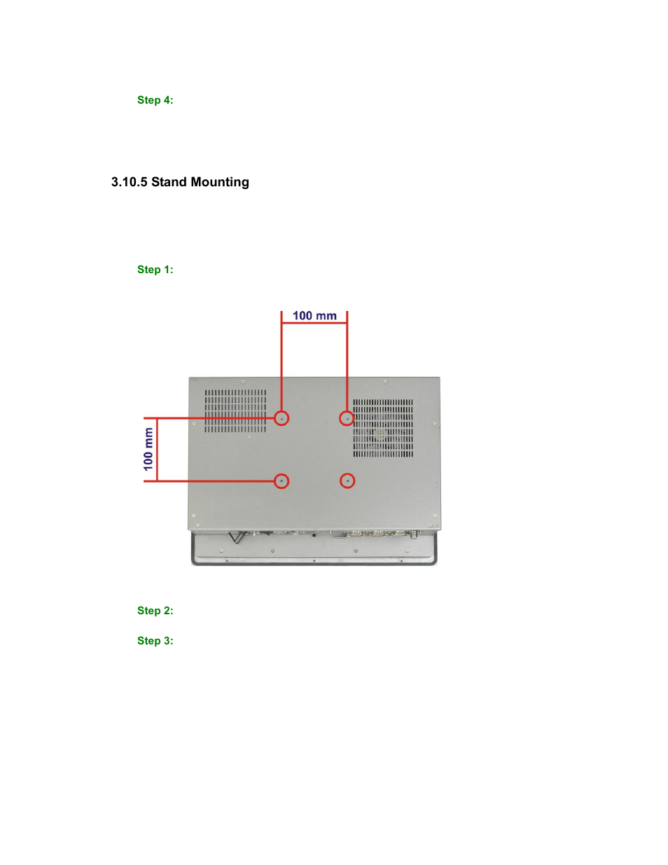 5 stand mounting, Nstalling, Ompact | Lash, Figure 3-20: stand mounting retention screw holes | Maple Systems PC419C User Manual | Page 50 / 133