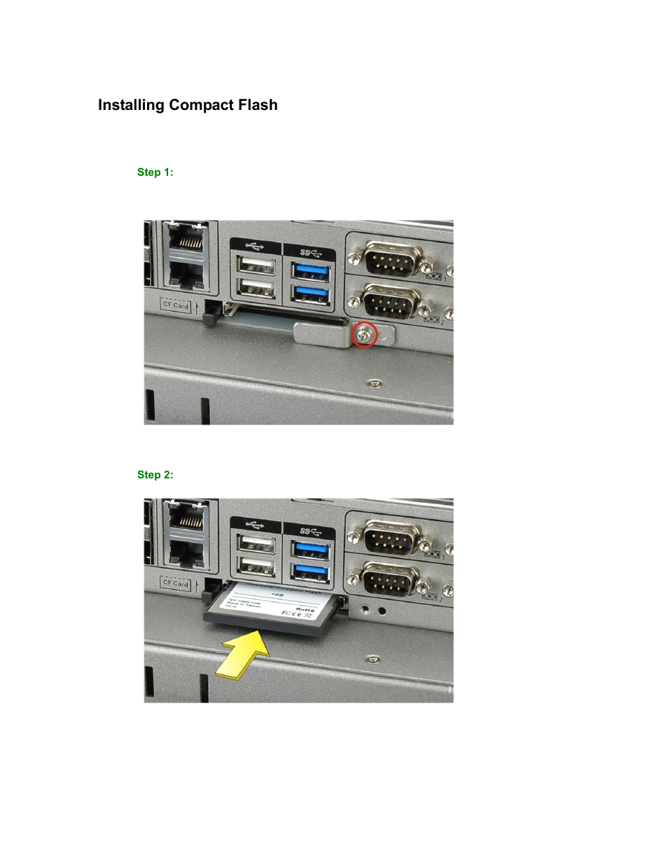 Figure 3-21: compactflash® cover plate, Figure 3-22: installing the compactflash® card, Installing compact flash | Maple Systems PC419C User Manual | Page 51 / 133