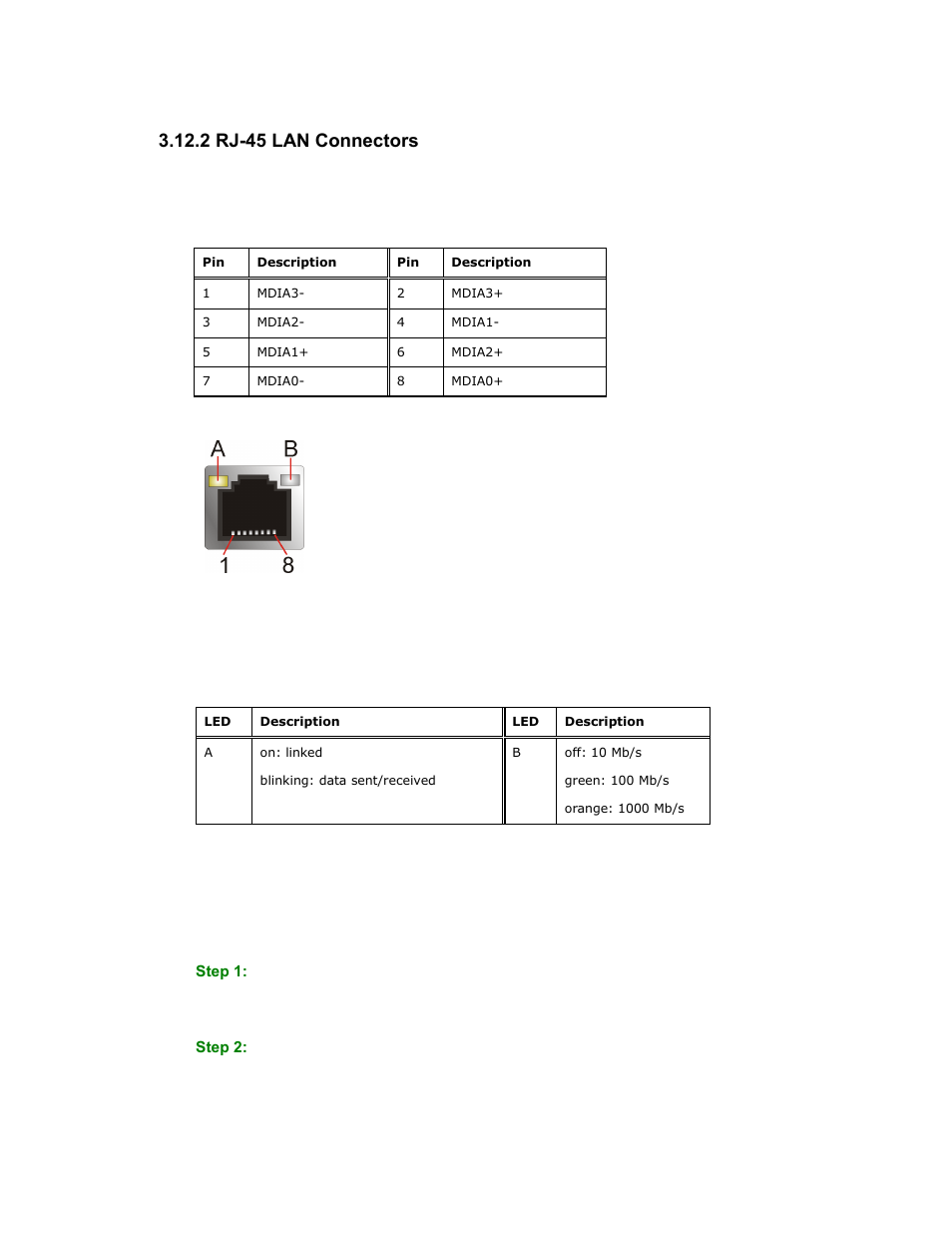 2 rj-45 lan connectors, Figure 3-25: rj-45 lan connector, Table 3-5: lan pinouts | Table 3-6: rj-45 lan connector leds | Maple Systems PC419C User Manual | Page 54 / 133