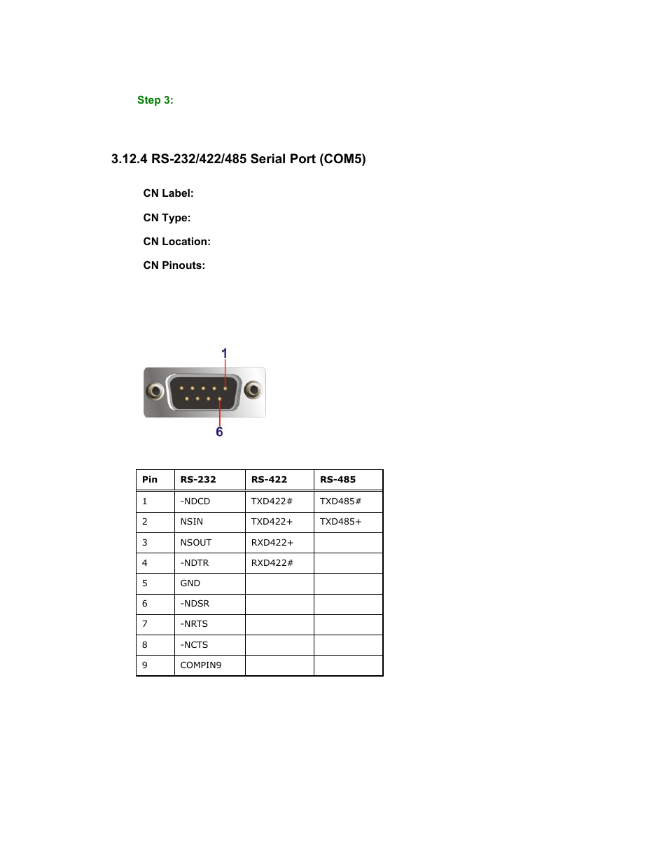 4 rs-232/422/485 serial port (com5), Figure 3-29: rs-232/422/485 serial port, Table 3-8: rs-232/422/485 serial port pinouts | Maple Systems PC419C User Manual | Page 57 / 133