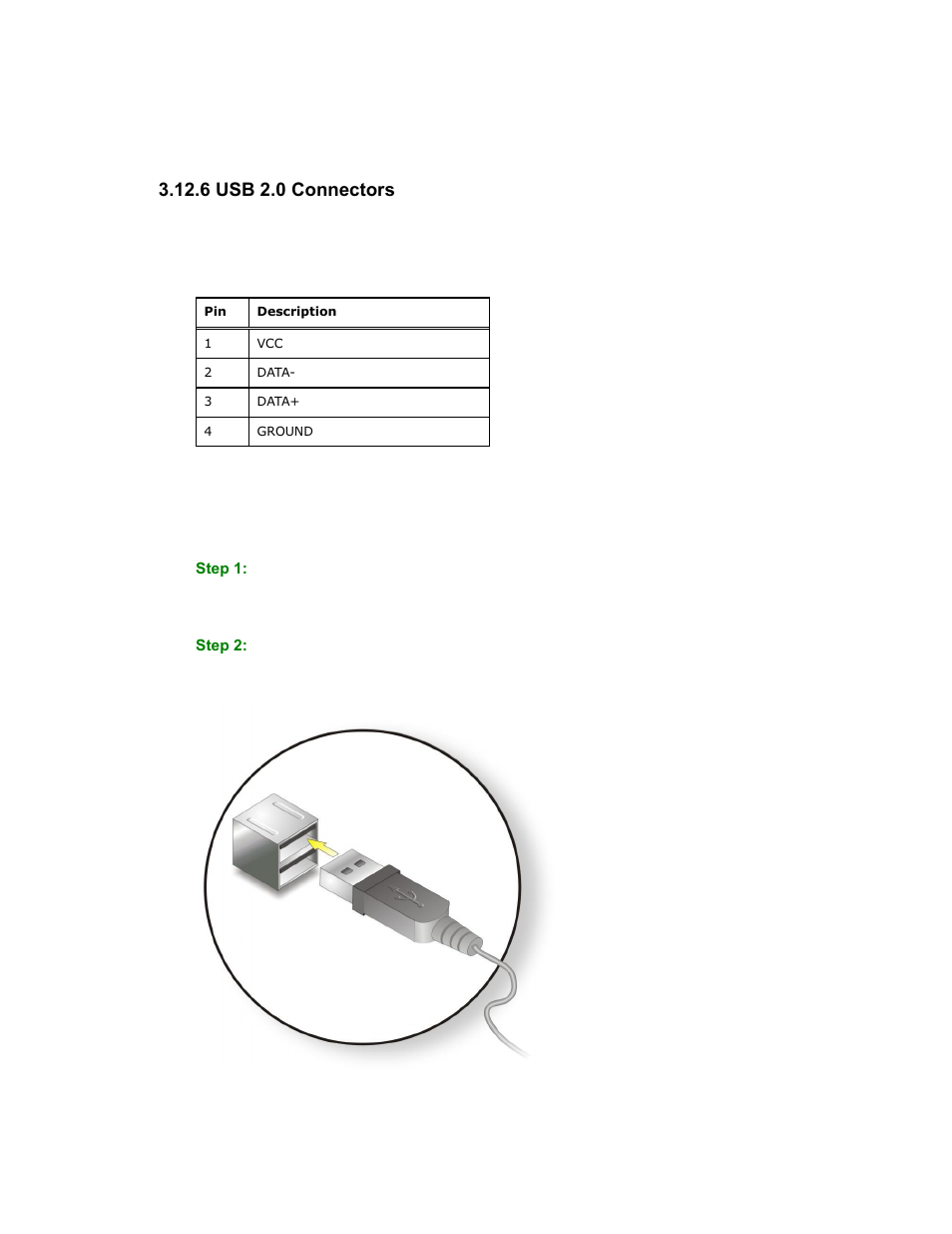 6 usb 2.0 connectors, Figure 3-31: usb device connection, Table 3-9: usb 2.0 port pinouts | Maple Systems PC419C User Manual | Page 59 / 133