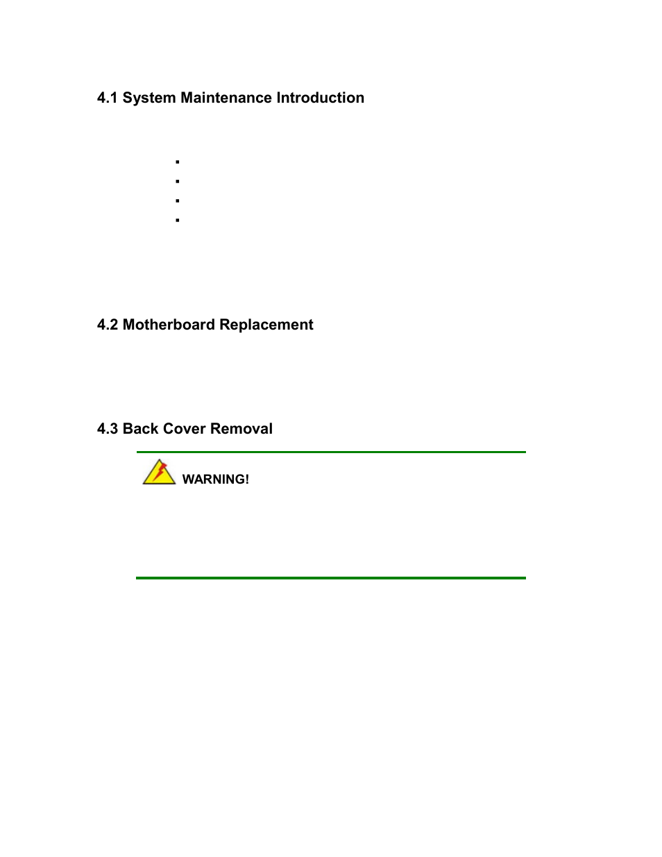 Ystem, Aintenance, Ntroduction | Otherboard, Eplacement, Over, Emoval, 1 system maintenance introduction, 2 motherboard replacement, 3 back cover removal | Maple Systems PC419C User Manual | Page 65 / 133