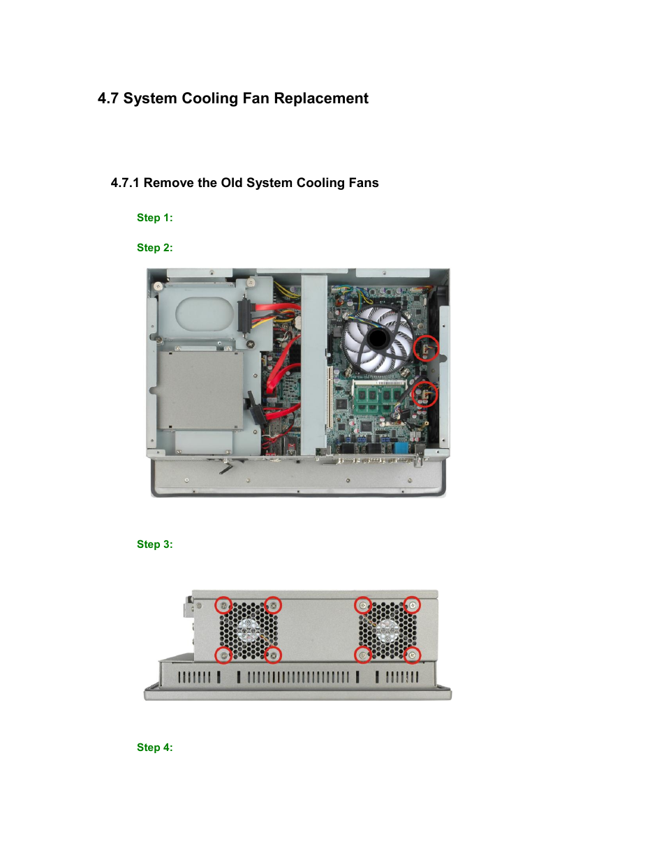 Ystem, Ooling, Eplacement | 1 remove the old system cooling fans, 7 system cooling fan replacement | Maple Systems PC419C User Manual | Page 72 / 133