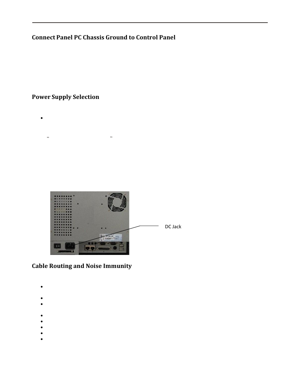 Connect panel pc chassis ground to control panel, Power supply selection, Cable routing and noise immunity | Maple Systems PC110CF User Manual | Page 10 / 22