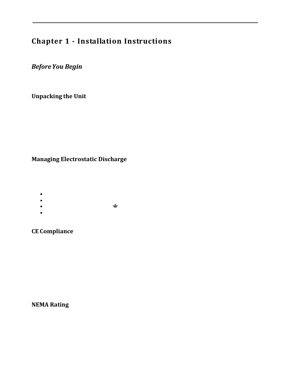 Chapter 1 - installation instructions, Efore, Egin | Unpacking the unit, Managing electrostatic discharge, Ce compliance, Nema rating, Before you begin | Maple Systems PC110CF User Manual | Page 7 / 22