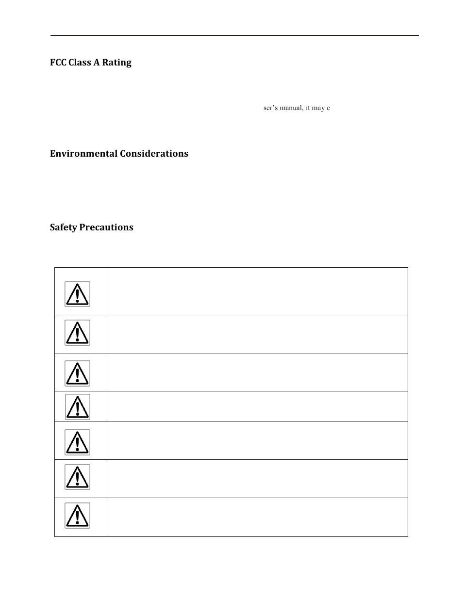 Fcc class a rating, Environmental considerations, Safety precautions | Maple Systems PC110CF User Manual | Page 8 / 22