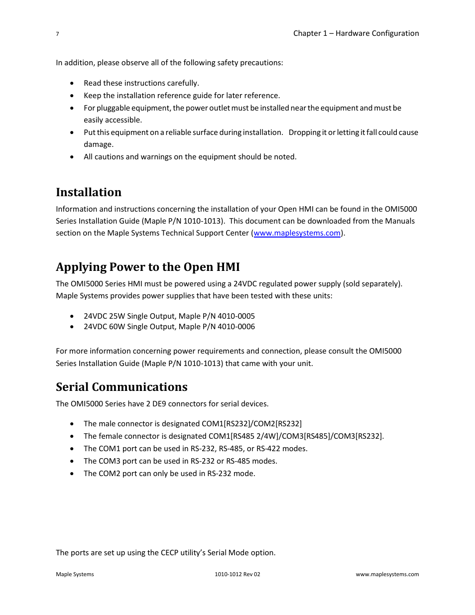 Installation, Applying power to the open hmi, Serial communications | Maple Systems OMI5100A-CE User Manual | Page 11 / 38