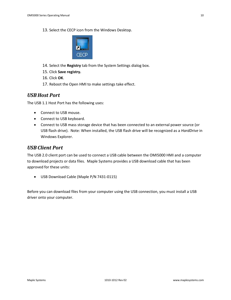 Usb host port, Usb client port | Maple Systems OMI5100A-CE User Manual | Page 14 / 38