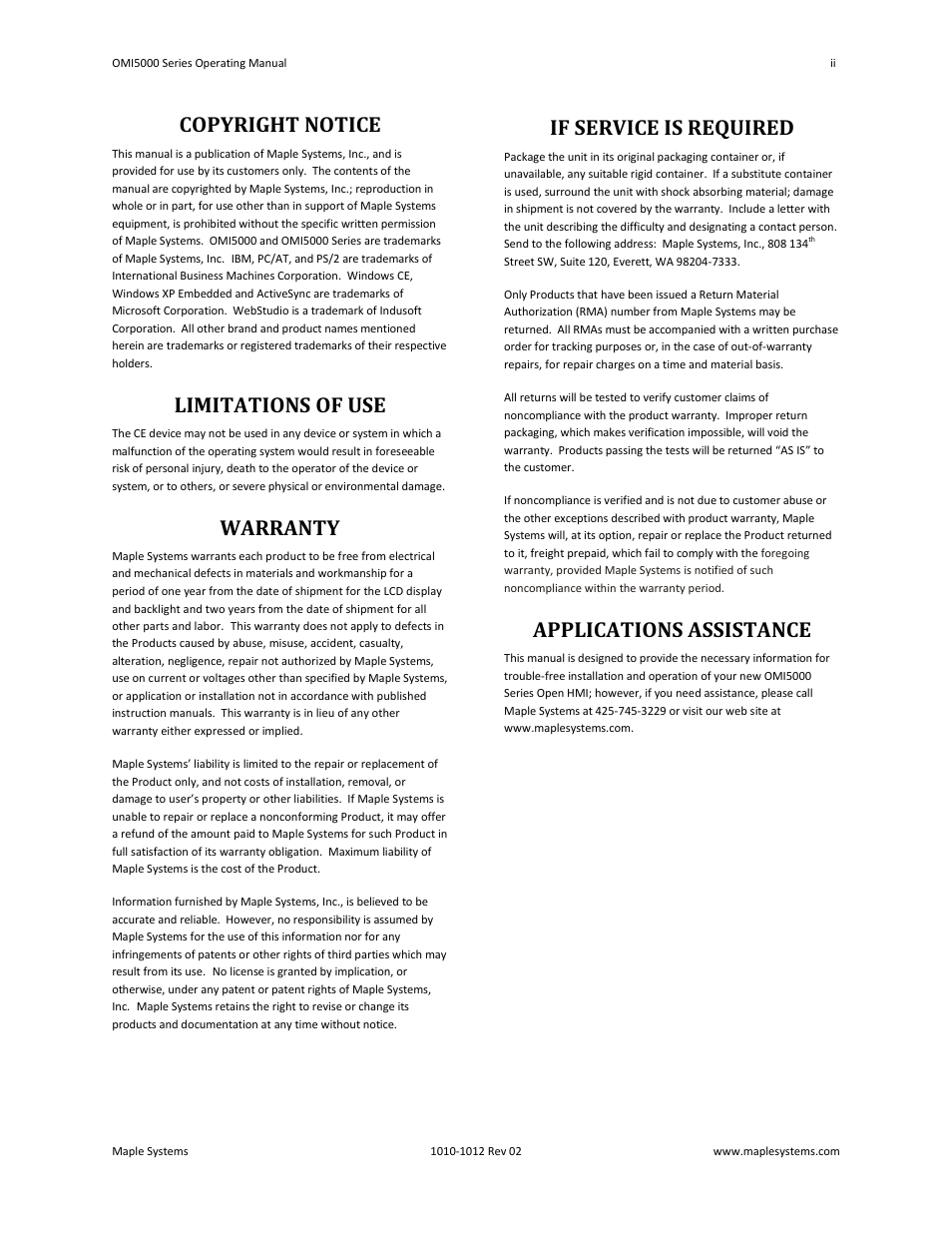 Copyright notice, Limitations of use, Warranty | If service is required, Applications assistance | Maple Systems OMI5100A-CE User Manual | Page 2 / 38