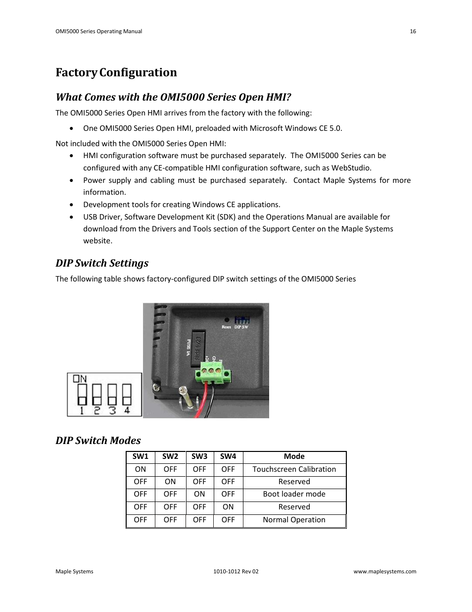 Factory configuration, What comes with the omi5000 series open hmi, Dip switch settings | Dip switch modes | Maple Systems OMI5100A-CE User Manual | Page 20 / 38