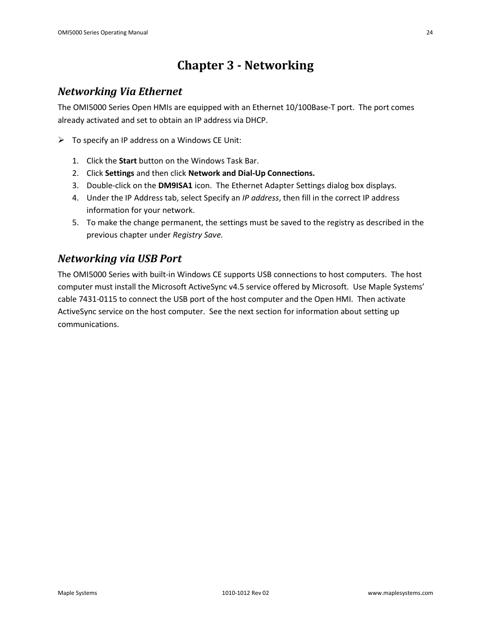 Chapter 3 - networking, Networking via ethernet, Networking via usb port | Maple Systems OMI5100A-CE User Manual | Page 28 / 38