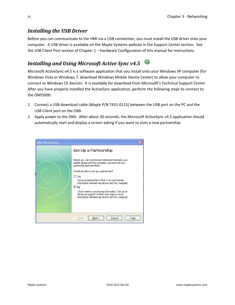 Installing the usb driver, Installing and using microsoft active sync v4.5 | Maple Systems OMI5100A-CE User Manual | Page 29 / 38