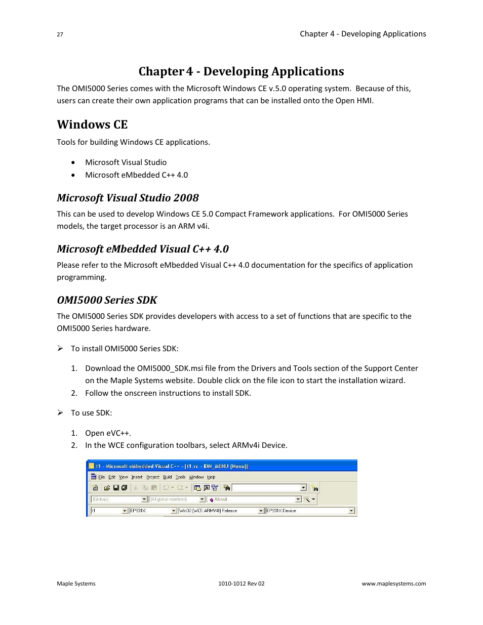 Chapter 4 - developing applications, Windows ce, Microsoft visual studio 2008 | Microsoft embedded visual c++ 4.0, Omi5000 series sdk | Maple Systems OMI5100A-CE User Manual | Page 31 / 38