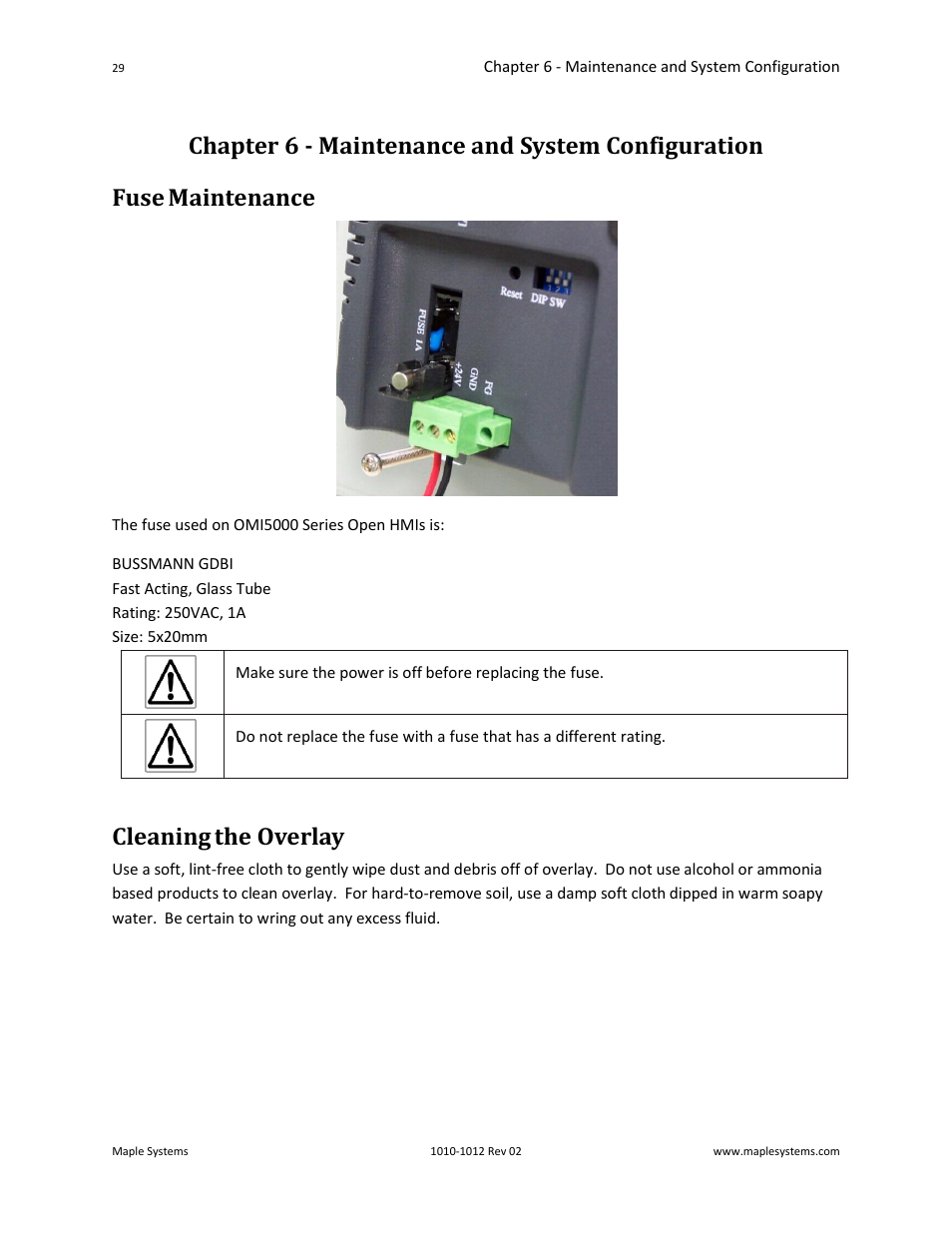 Chapter 6 - maintenance and system configuration, Fuse maintenance, Cleaning the overlay | Maple Systems OMI5100A-CE User Manual | Page 33 / 38