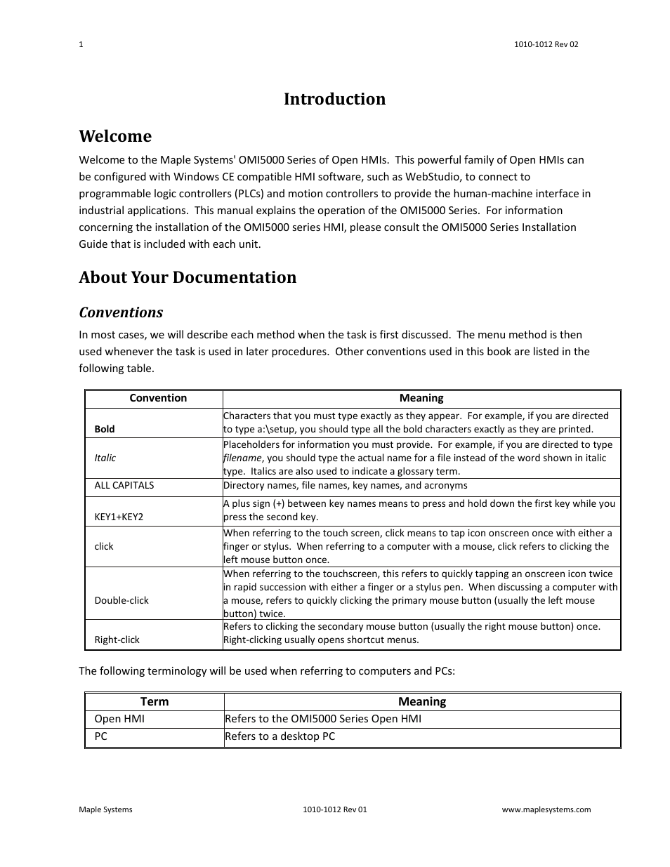 Introduction, Welcome, About your documentation | Conventions, Introduction welcome | Maple Systems OMI5100A-CE User Manual | Page 5 / 38