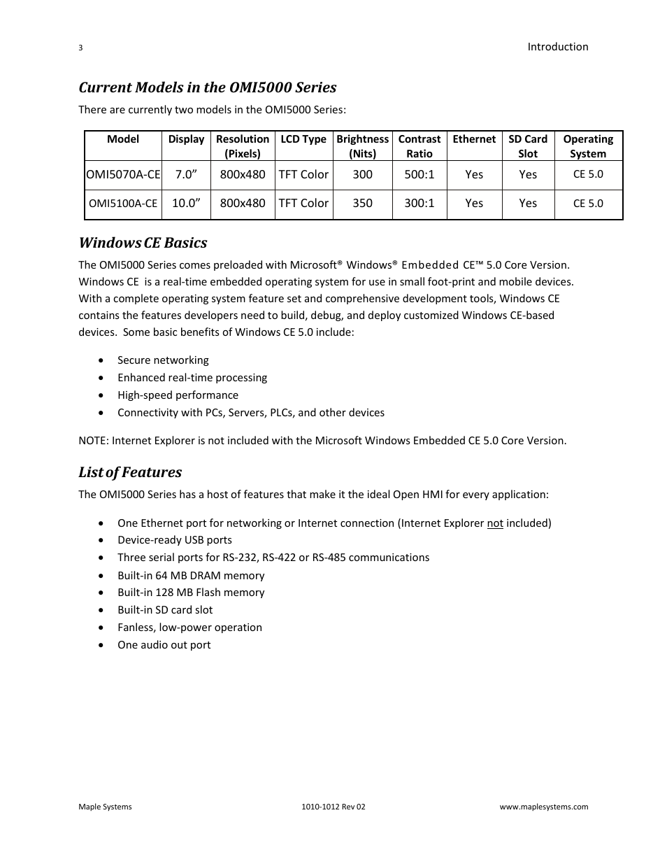 Current models in the omi5000 series, Windows ce basics, List of features | Maple Systems OMI5100A-CE User Manual | Page 7 / 38