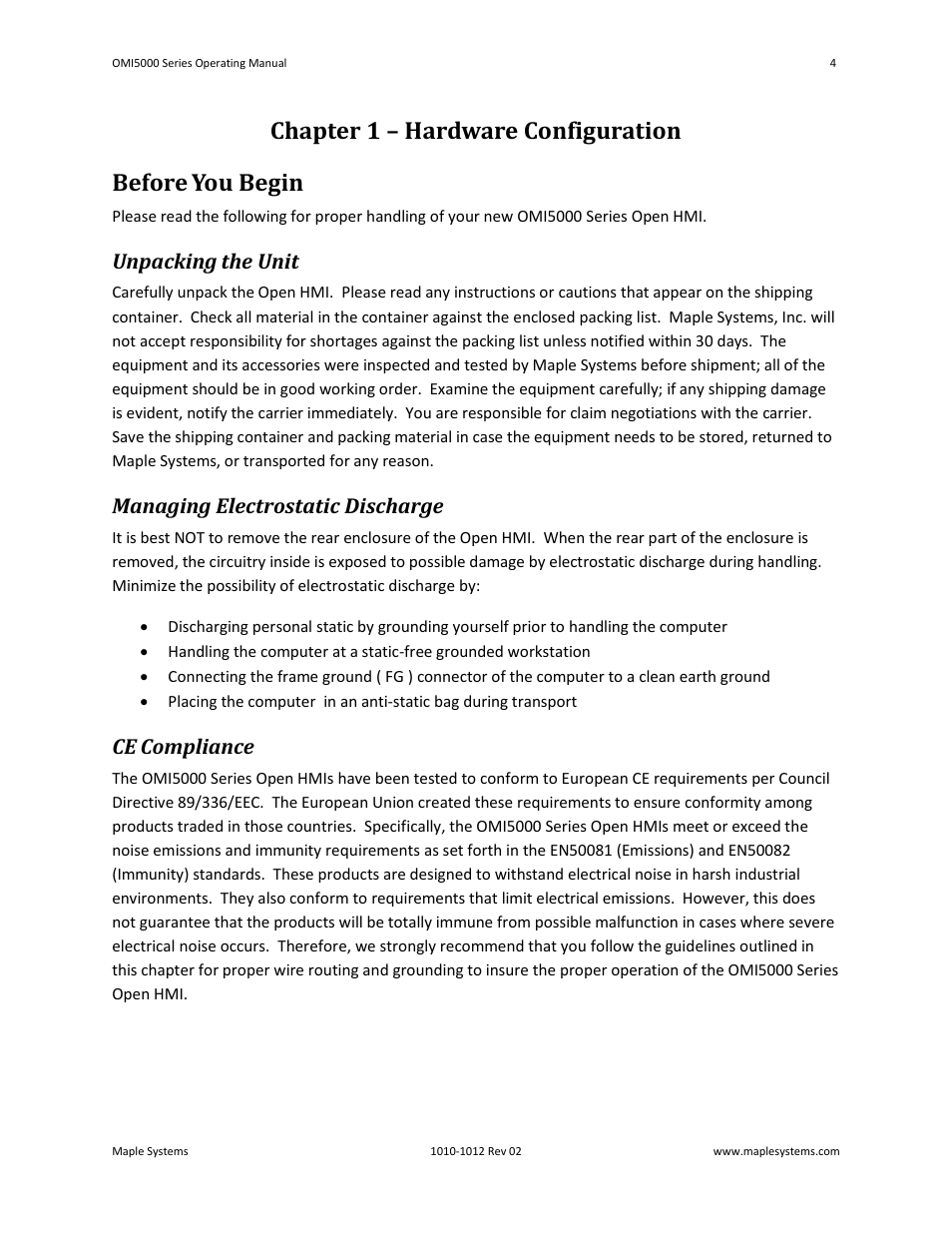 Chapter 1 – hardware configuration, Before you begin, Unpacking the unit | Managing electrostatic discharge, Ce compliance | Maple Systems OMI5100A-CE User Manual | Page 8 / 38